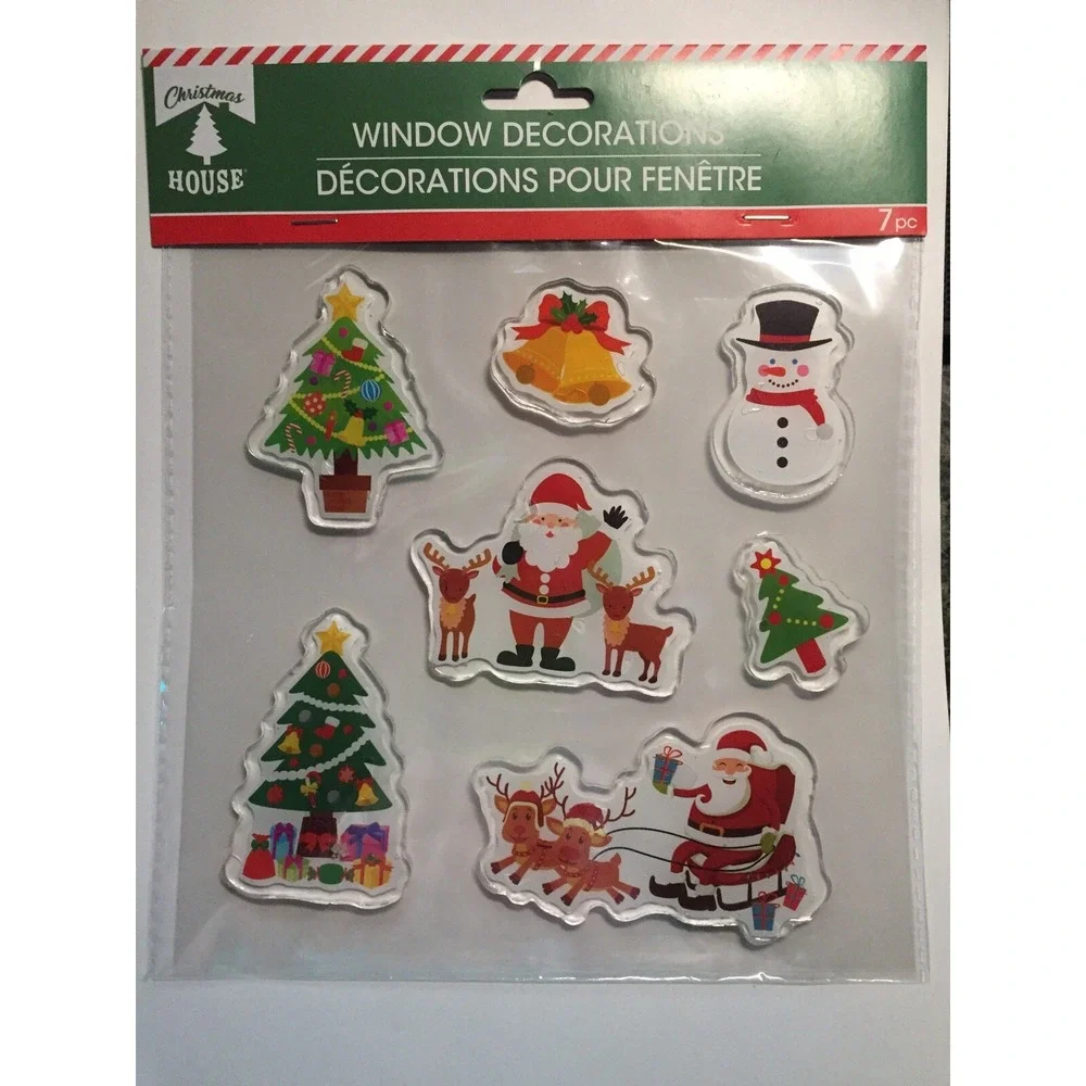 NEW Christmas Tree Santa Winter Snowman window Gel Clings 7 pcs Stickers Frozen!